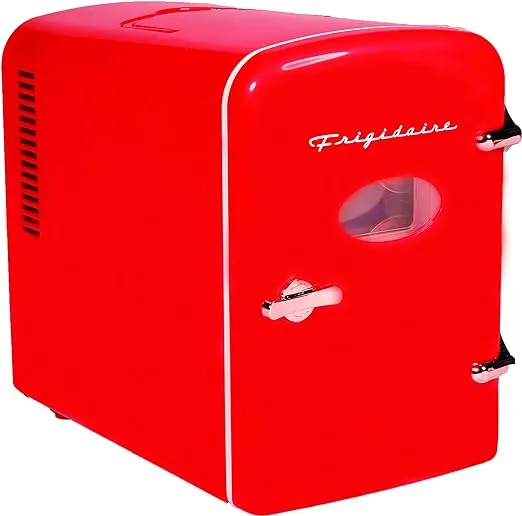 Frigidaire EFMIS129-RED_CP4 Mini Personal Fridge Cooler, 1 Gal Capacity fits Six Cans, Includes Plugs for Home Outlet & DC Charger-9.84" D x 7.09" W x 10.35" H, standard