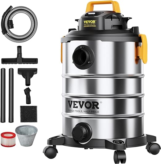 VEVOR Stainless Steel Wet Dry Shop Vacuum, 8 Gallon 6 Peak HP Wet/Dry Vac, Powerful Suction with Blower Function w/Attachment 2-in-1 Crevice Nozzle, Small Shop Vac Perfect for Carpet Debris, Pet Hair