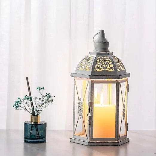 DECORKEY Lantern Decorative Indoor & Outdoor, 14.5'' Candle Lantern Farmhouse Home Decor, Hexagon Vintage Hanging Metal Candle Holder for Front Porch Shelf Patio Wedding Party, Christmas Decorations