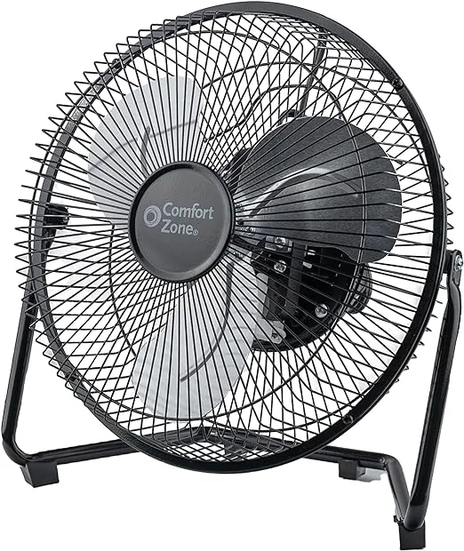 Comfort Zone Cradle Floor Fan, 9 inch, 3 Speed, Electric, 180 Degree Adjustable Tilt, All Metal, Carry Handle, Rubber Feet, Table Fan, Airflow 12.57 ft/sec, Ideal for Home, Bedroom & Office, CZHV9B