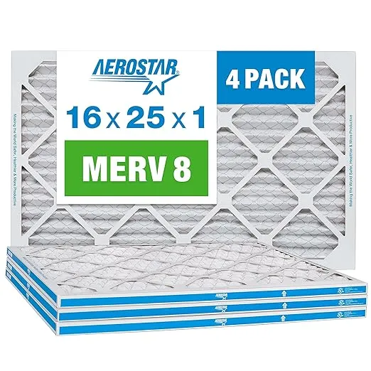 Aerostar 16x25x1 MERV 8 Pleated Air Filter, AC Furnace Air Filter, 4-Pack (Actual Size: 15 3/4"x24 3/4"x3/4")