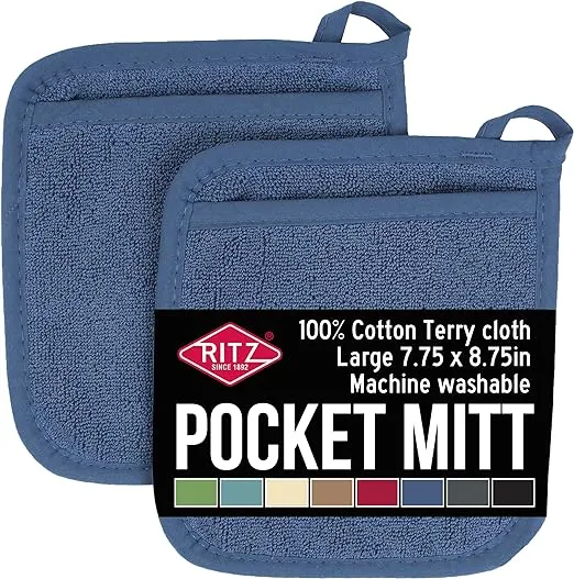 Ritz Terry Pocket Mitt & Hot Pad: Unparalleled Heat Resistant, Durable 100% Cotton – Ergonomically Designed for Optimal Grip – Easy-Care Machine Washable, Perfect for Your Kitchen – Federal Blue, 2-Pk