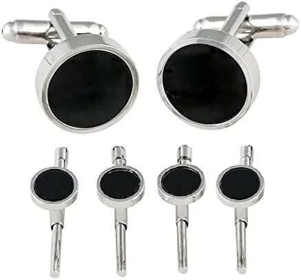 Mens Black Onyx Spring-Back Tuxedo Cufflinks Studs Formal Set with Presentation Gift Box