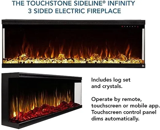 Touchstone Sideline Infinity 3-Sided Smart 60-inch WiFi-Enabled Electric Fireplace - 80046 - Built-in - 60 Color Combinations - 1500/750 Watt Heater (68-88°F Thermostat) - Black - Log & Crystals