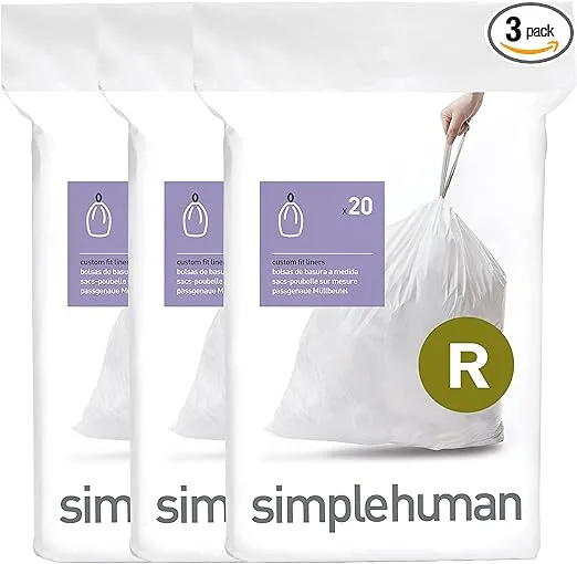 simplehuman Code R 60 Count, Genuine Custom Fit Liners, Drawstring Trash Bags in Dispenser Packs, 10 Liter / 2.6 Gallon, White