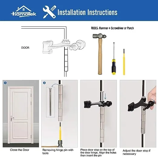 HOMOTEK 2 Pack Hinge Pin Black Door Stopper,Adjustable Deluxe Heavy Duty Door Stopper 2-1/2"x1-3/4”,with Black Rubber Bumper Tips