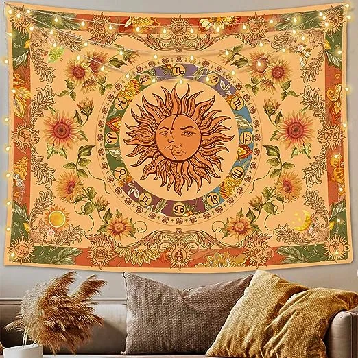 Accnicc Yellow Sun and Moon Tapestry Vintage Indie Boho Tapestry Wall Hanging with Sunflowers Butterfly Moth Constellation Aesthetic Wall Tapestries for Bedroom Dorm Living Room (Orange, 36'' × 48'')