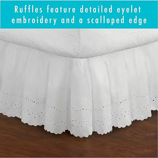 FRESH IDEAS Eyelet Bed Skirt Dust Ruffle Embroidered Details, Classic 14” drop length Gathered Styling, Twin, White (Model: FRE30014WHIT01)