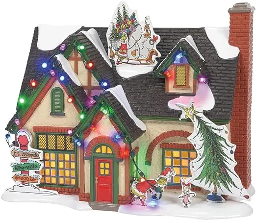 Department 56 Original Snow Village Grinch House Lit Building Collectible Christmas Village House, Illuminated LED Lights, AC Adapter, Hand Painted Ceramic Home Decor Gift, 7.2 Inch, Multicolor