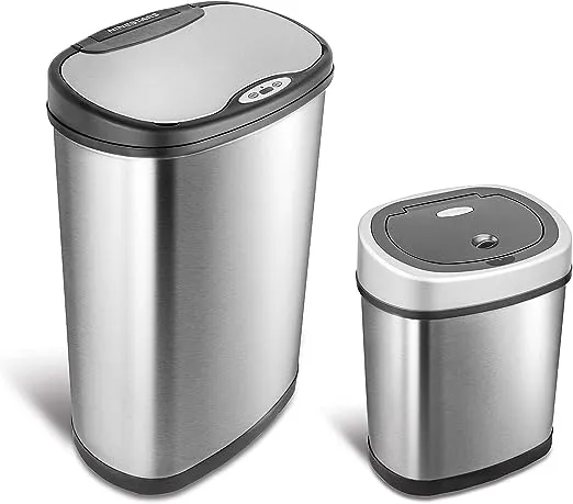 NINESTARS CB-DZT-50-13/12-9 Automatic Touchless Infrared Motion Sensor Trash Can Combo Set, 13 Gal 50L & 3 Gal 12L, Stainless Steel Base (Oval, Silver/Black Lid)