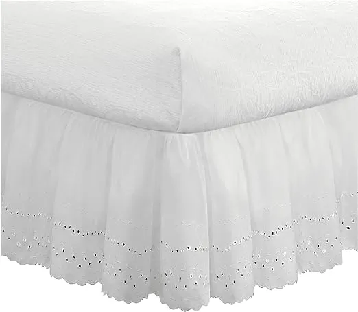 FRESH IDEAS Ideas Ruffled Eyelet Bed Skirt Dust Ruffle with Gathered Styling and Embroidered Details, 14" Drop Length, Queen, White