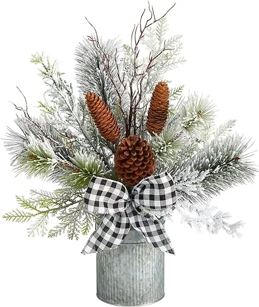 Nearly Natural 20in. Holiday Winter Greenery with Pinecones and Gingham Plaid Bow Table Artificial Christmas Arrangement