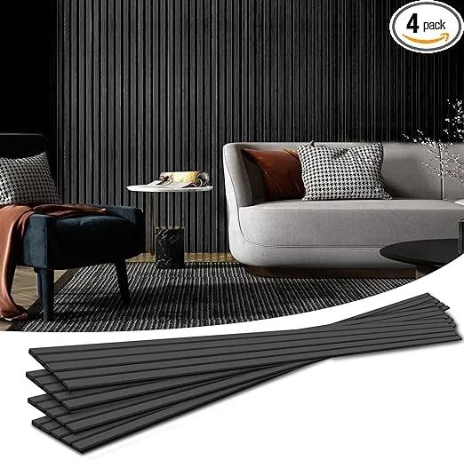 Art3d 4-Piece Wood Slat Acoustic Panels for Stylish Decor and Noise Reduction, 3D Textured Panel for Ceiling and Wall, Matte Black