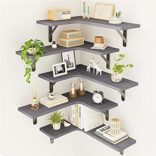 Fixwal Corner Floating Shelves, Wall Mounted Corner Shelf Set of 5, Rustic Wood Wall Shelves for Bathroom, Kitchen, Bedroom or Living Room (Gray)