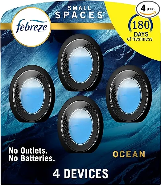 Febreze Small Spaces Air Freshener, Odor-Fighting, Plug In Alternative, Air Fresheners for Home and Bathroom and Kitchen, Ocean Scent, 4 Count (Pack of 1)