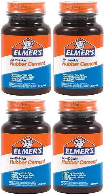 Elmer's No-Wrinkle Rubber Cement, Clear, Brush Applicator, 4 Ounce, 4 Pack