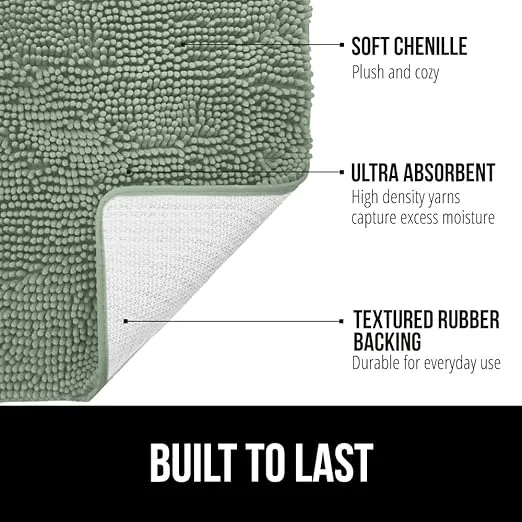 Gorilla Grip Bath Rug Mat 30x20, Thick Soft Absorbent Chenille, Rubber Backing Quick Dry Microfiber Mats, Machine Washable Rugs for Shower Floor, Bathroom Runner Bathmat Accessories Decor, Sage Green