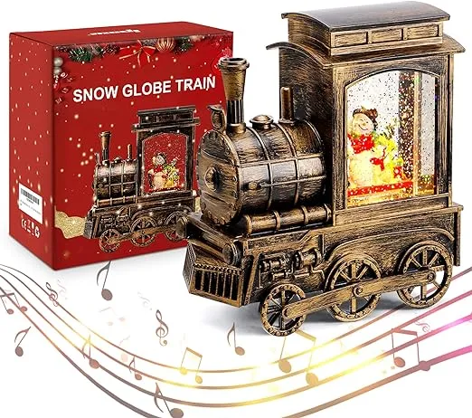 IPOW Christmas Snow Globe Lantern Train with Water Swirling Glitter, Musical and Lighted 6 Hours Timer USB Powered & Battery Operated Music Box for Christmas Home Decoration Gift, Snowman Scene