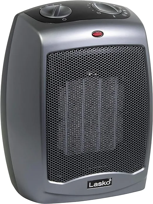 Lasko Portable Indoor Electric Ceramic Space Heater with Tip-Over Safety Switch, Overheat Protection, Thermostat and Extra Long Cord, 2 Speeds, Safe for Home, 9.2 Inches, Dark Gray, 1500W, 754201