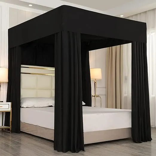 Mengersi Black Four Corner Post Canopy Bed Curtains Sheer Cover Canopy Bedroom Decoration Lightproof (Full, Black)