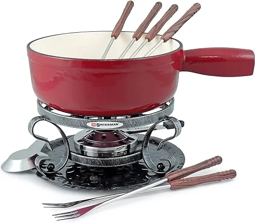 Swissmar KF-66517 Lugano 2-Quart Cast Iron Cheese Fondue Set, 9-Piece, Cherry Red