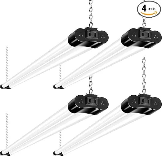 hykolity 4 Pack Linkable LED Shop Light, 4FT 42W [250W Equivalent], 4400lm, 5000K Daylight, with Plug, Utility Light Fixture, Hanging or Surface Mount, Black