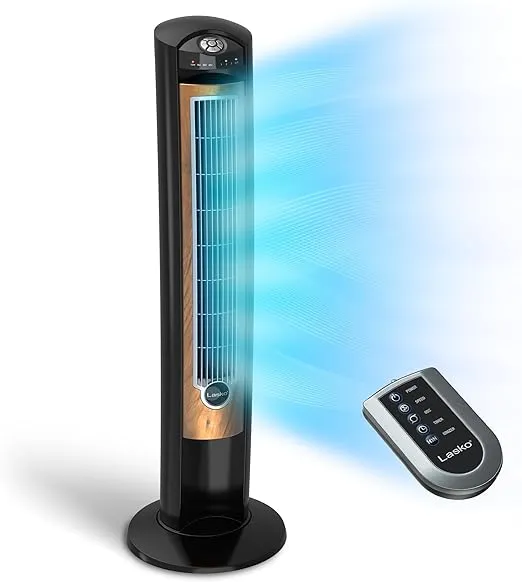 Lasko Oscillating Tower Fan, Remote Control, Ionizer, 3 Speeds, Timer, for Bedroom, Office, Kitchen 42", Black, T42950