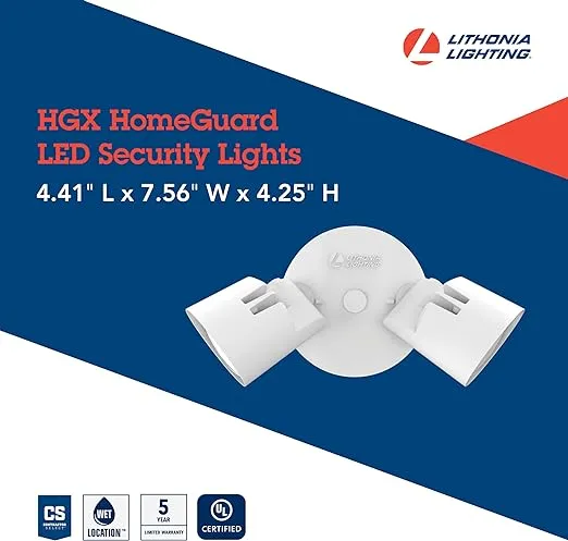 Lithonia Lighting HGX LED 2RH 40K 120 WH M2 HomeGuard LED Outdoor Security Floodlight, Non-Switchable 4000K, 2-Lights, White