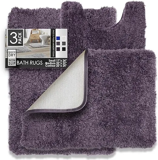 Clara Clark Bathroom Rugs, Ultra Soft Shaggy Bath Rugs - Bath Mats for Bathroom, Machine Wash, Non Slip Backing Rubber, 3 Piece Bathroom Rug Set, Purple