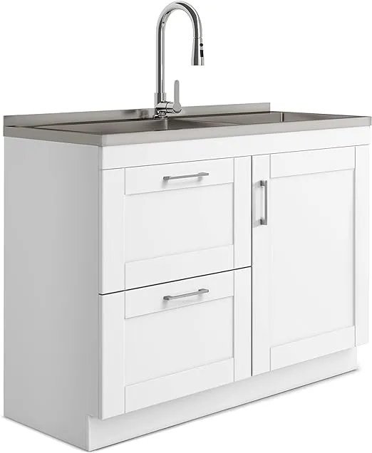 SIMPLIHOME Modern Wide Shaker Transitional 46 Inch Laundry Cabinet with Faucet and Stainless Steel Sink in White, For the Laundry Room and Utility Room