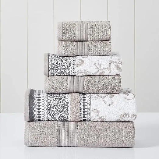 Modern Threads 6 Piece Set, 2 Bath Towels, 2 Hand Towels, 2 Washcloths Yarn Dyed Jacquard/Solid Towel Set Ophelia Fawn