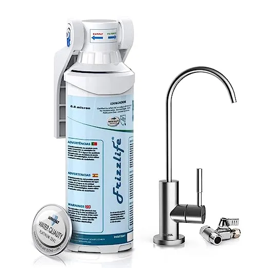 Frizzlife Under Sink Water Filter-NSF/ANSI 53&42 Certified Drinking Water Filtration System-0.5 Micron Removes Lead, Chlorine,Bad Taste & Odor, W/Dedicated Faucet