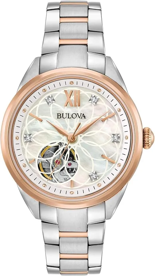 Bulova Ladies' Classic Diamond 3-Hand Automatic in Stainless Steel, Mother-of-Pearl Dial and Open Aperture Dial