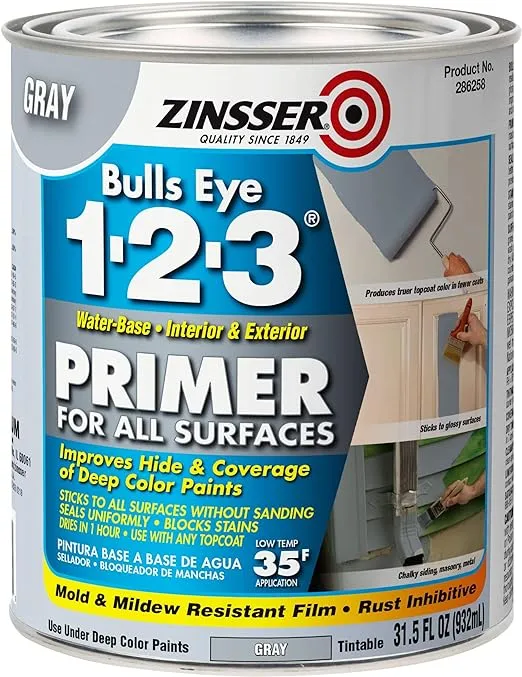 Zinsser 286258 Bulls Eye 1-2-3 All Surface Primer, Quart, Gray