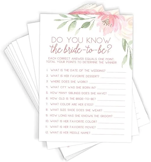 Printed Party Bridal Shower Games – Do You Know Game with Fun Bride-to-Be Trivia, Wedding Shower Activity, Pink Floral Design, 50 Guests