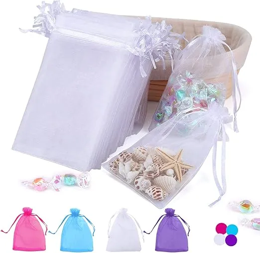 100PCS 4x6 Inch Organza Gift Bags for Jewelry Party Wedding Favor, Premium Sheer Gift Drawstring Pouch Candy Bags(White)