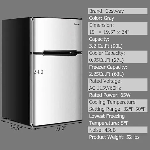 COSTWAY Compact Refrigerator, 3.2 cu ft. Unit 2-Door Mini Freezer Cooler Fridge with Reversible Door, Removable Glass Shelves, Mechanical Control, Recessed Handle for Dorm, Office, Apartment (Grey)