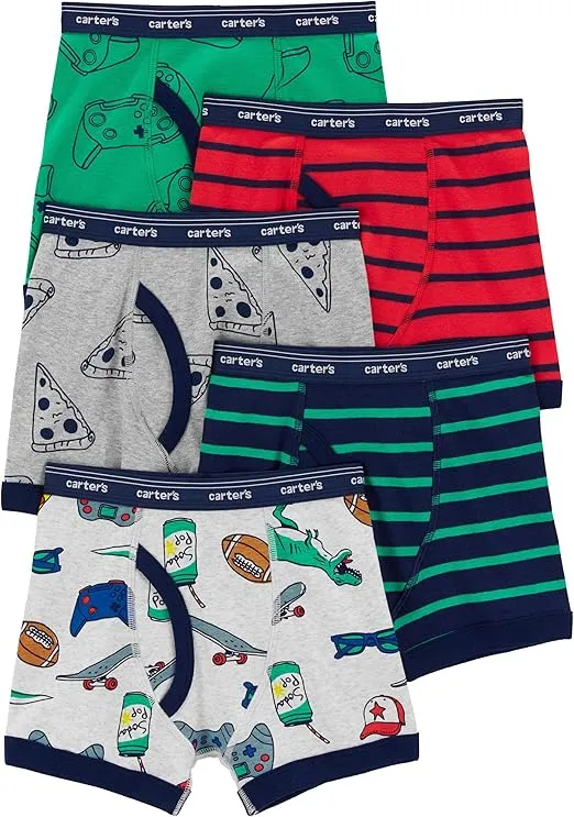 Carter's Boy's 5-Pack Cotton Boxer Briefs (Multi Pizza/Gamer/Stripes, 6/7)