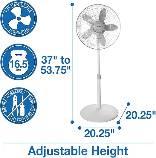 Air King 9119 18-Inch 3-Speed Commercial Grade Adjustable Oscillating Pedestal Fan, 1/20-Horsepower, White