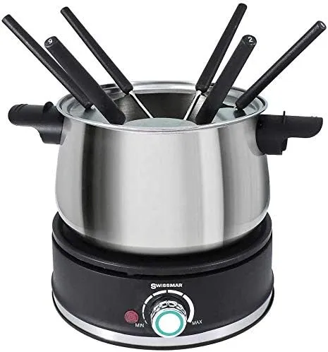 Swissmar Arolla 10 Pieces Stainless Steel Electric Fondue Set - Perfect Fondue Pot Electric Set for Cheese, Caramel, Chocolate, Oil, Broth & More - Gift Ideas for Wedding, House Warming, 2.1 Qt