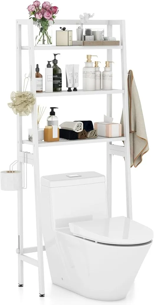 Tangkula Over-The-Toilet Storage Rack, 3-Tier Freestanding Bathroom Space Saver Shelf w/ 2 Hanging Hooks & Toilet Paper Holder, Metal Above Toilet Storage Rack for Bathroom Laundry (White, 62.5”H)