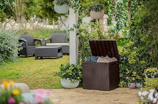 Keter City 30 Gallon Resin Outdoor Storage Box and Patio Furniture Side Table for Pool and Garden Accessories, Brown