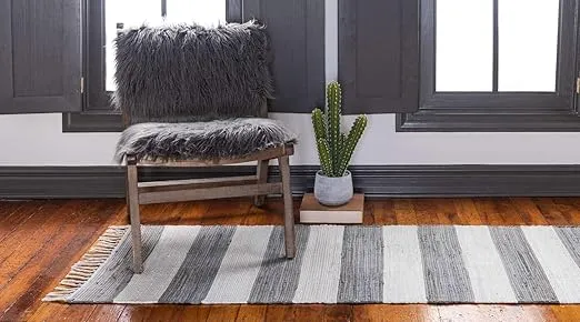 Unique Loom Chindi Rag Collection Area Rug - Striped (2' 7" x 6' 1" Runner, Gray/ Ivory)