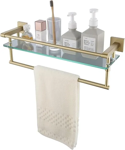 KOKOSIRI Bathroom Shelves with Towel Holder Rustproof 20'' Bathroom Tempered Glass Shelf with Rails Wall Mounted Stainless Steel, Brushed Gold Finish, B1103BG-L20