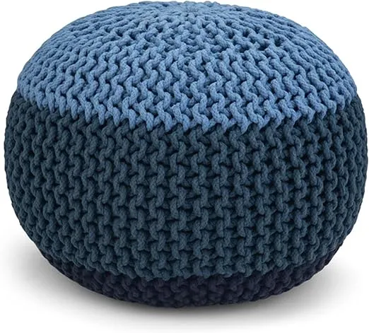 SIMPLIHOME Nikki Round Hand Knit Pouf, Footstool, Upholstered in Blue, Navy Blue Cotton, for the Living Room, Bedroom and Kids Room, Boho