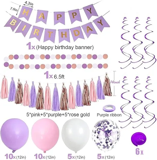 Purple Pink Birthday Party Decorations with Happy Birthday Banner,Hanging Swirls,Tissue Paper Pompoms,Circle Dots Garland,Tassel Garland,Purple Confetti Party Balloons for Women Girls