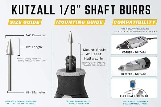 Kutzall Extreme Taper Rotary Burr, 1⁄8" Shaft, Very Coarse - Woodworking Attachment for Dremel, Foredom, DeWalt, Milwaukee. Abrasive Tungsten Carbide, 1⁄4" (6.3mm) Dia. X 1⁄2" (12.7mm) Length TX-14-EC