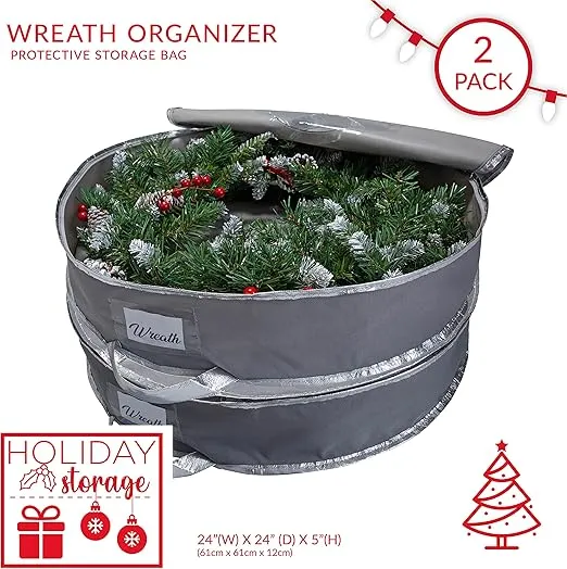 Simplify 24 Inch Wreath Bags | 2 Pack | Christmas Storage | Holiday Decorations | Round Zippered Bag | Protects Wreathes | Durable Material | Collapsible | Grey