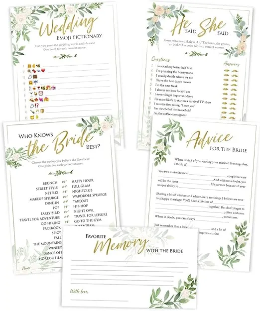 Bridal Shower Games (Set of 5 Activities for 50 Guests) - 5x7 Cards, Double-Sided, Floral Rustic Greenery Theme - Includes Marriage Advice Cards, Bridal Emoji - Wedding Shower Decorations Favors Party Supplies