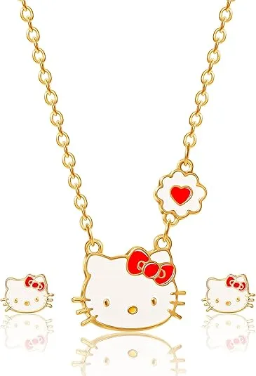 Hello Kitty Sanrio Jewelry Set - Flash Plated 18+3 Necklace and Stud Earrings Officially Licensed